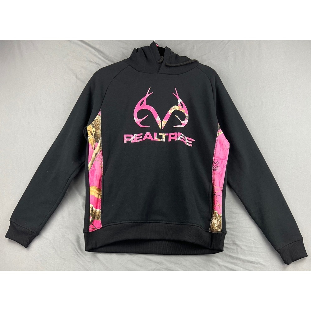 Realtree Hoodie Womens Medium Black Pink Camo Logo Pullover Sweatshirt Good